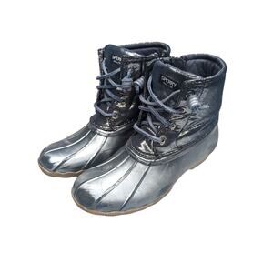 Sperry Saltwater Boots Girls Size 3M Metallic Blue w Leather Laces STK163866